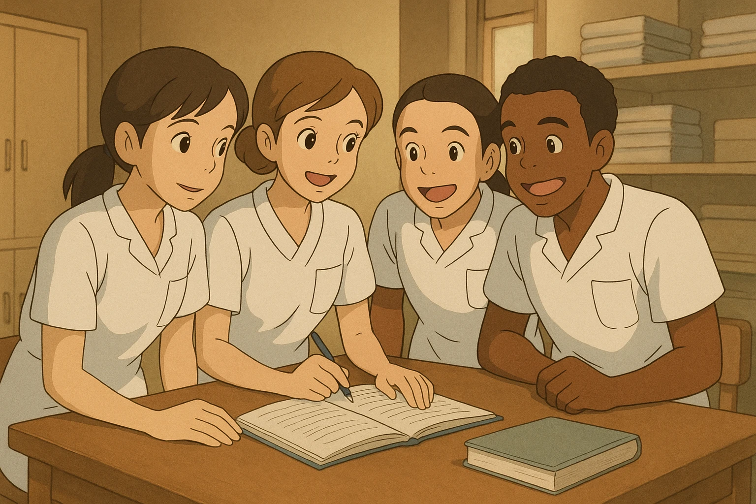 Four nursing students inspired by references, in Ghibli style, collaborating and interacting indoors. White short-sleeve uniforms with V-neck, left chest pocket, bare forearms, long hair tied back for those who have it, no collar stand or stethoscopes. Warm atmosphere, medical tunic, indoor setting. emoji