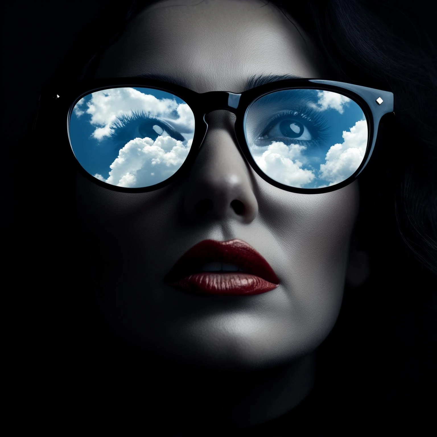 extreme closeup Photo of a beautifull woman with dark hairs and dark uotfit looking up (like villain), orange background, minimalistic, glasses with contrast reflection of blue sky and white clouds  emoji