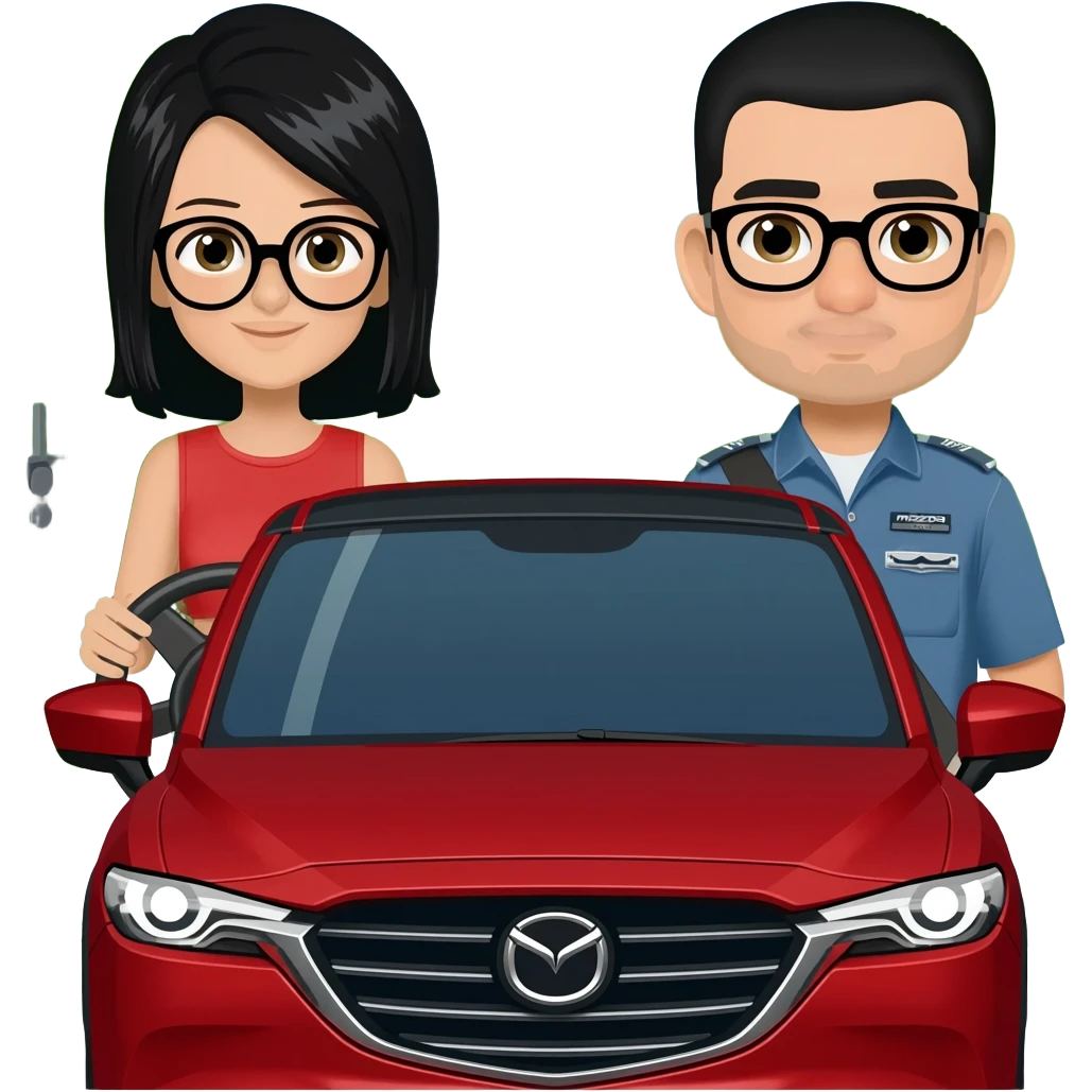 camioneta mazda cx 5 roja con una conductora mujer con lentes de cabello negro del lado izquierdo y un copiloco hombre de pelo corto negro y lentes del lado derecho, todo en caricatura sobre una avenida principal con paisaje verde emoji