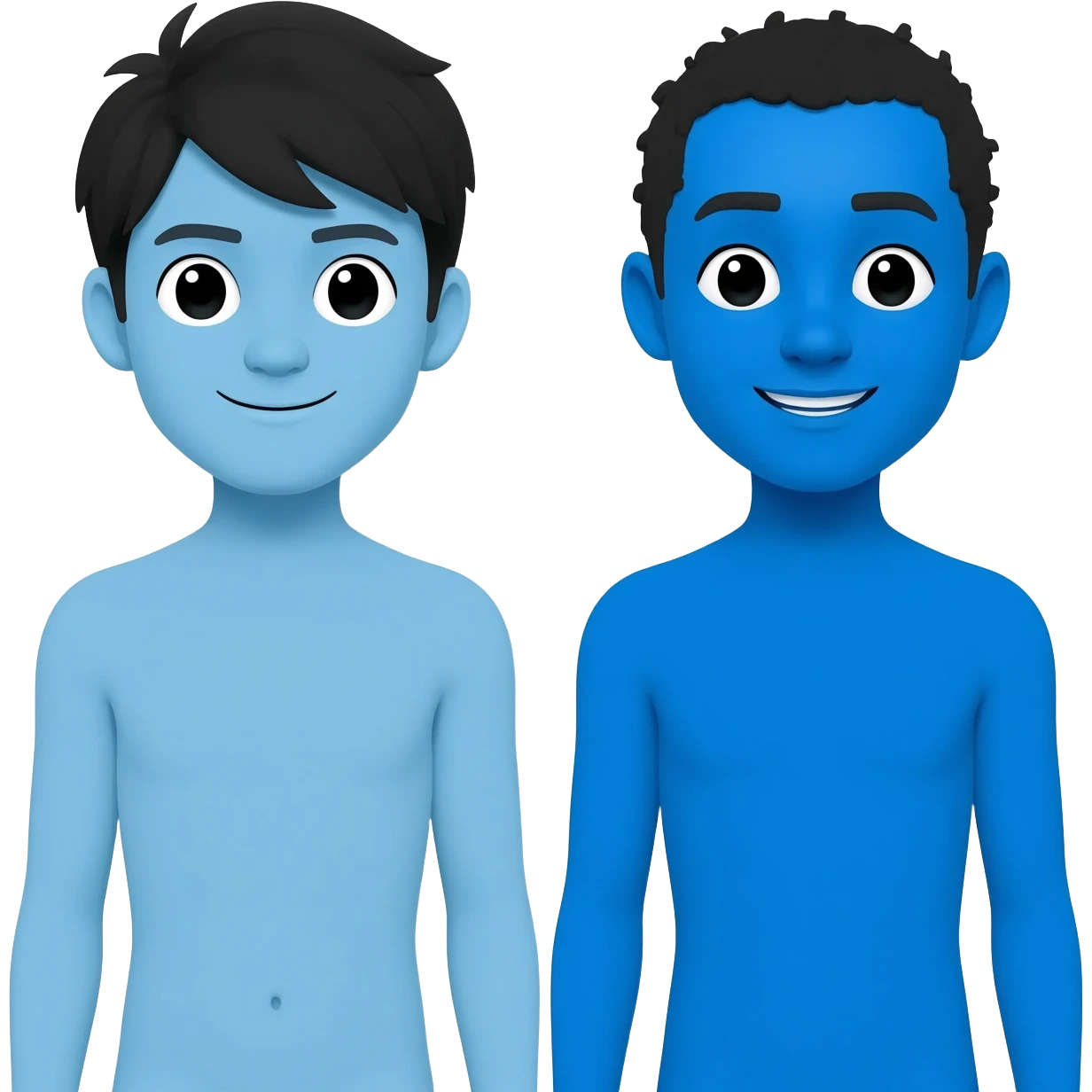 Ganzkörperportrait. Aktmalerei. Zwei Figuren am Anfang ihrer Zwanziger. Die eine Figur ist ostasiatisch und hat blaue Haut. Die andere Figur ist ostafrikanisch und hat blaue Haut. Keine Figur hat die Augen geschlossen. Die Stimmung ist sehr fröhlich aber auch chillig. emoji