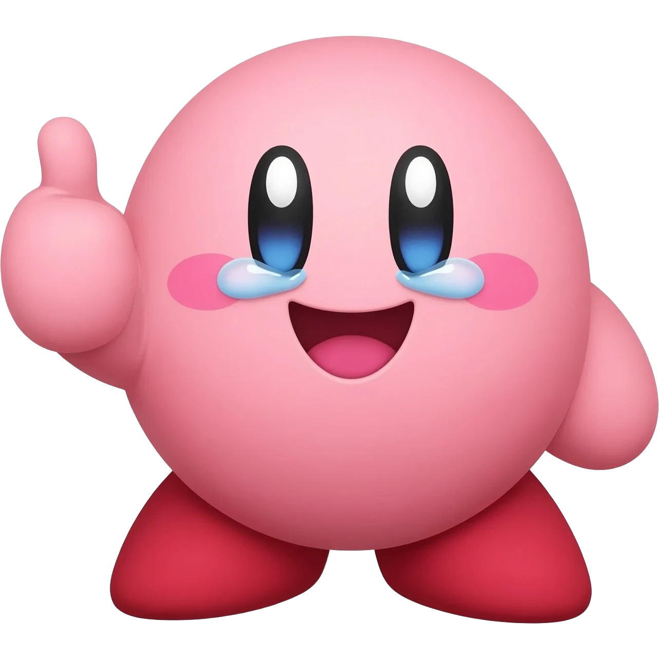 super duper happy excited plush like kirby giving a thumbs up with happy teary eyes emoji