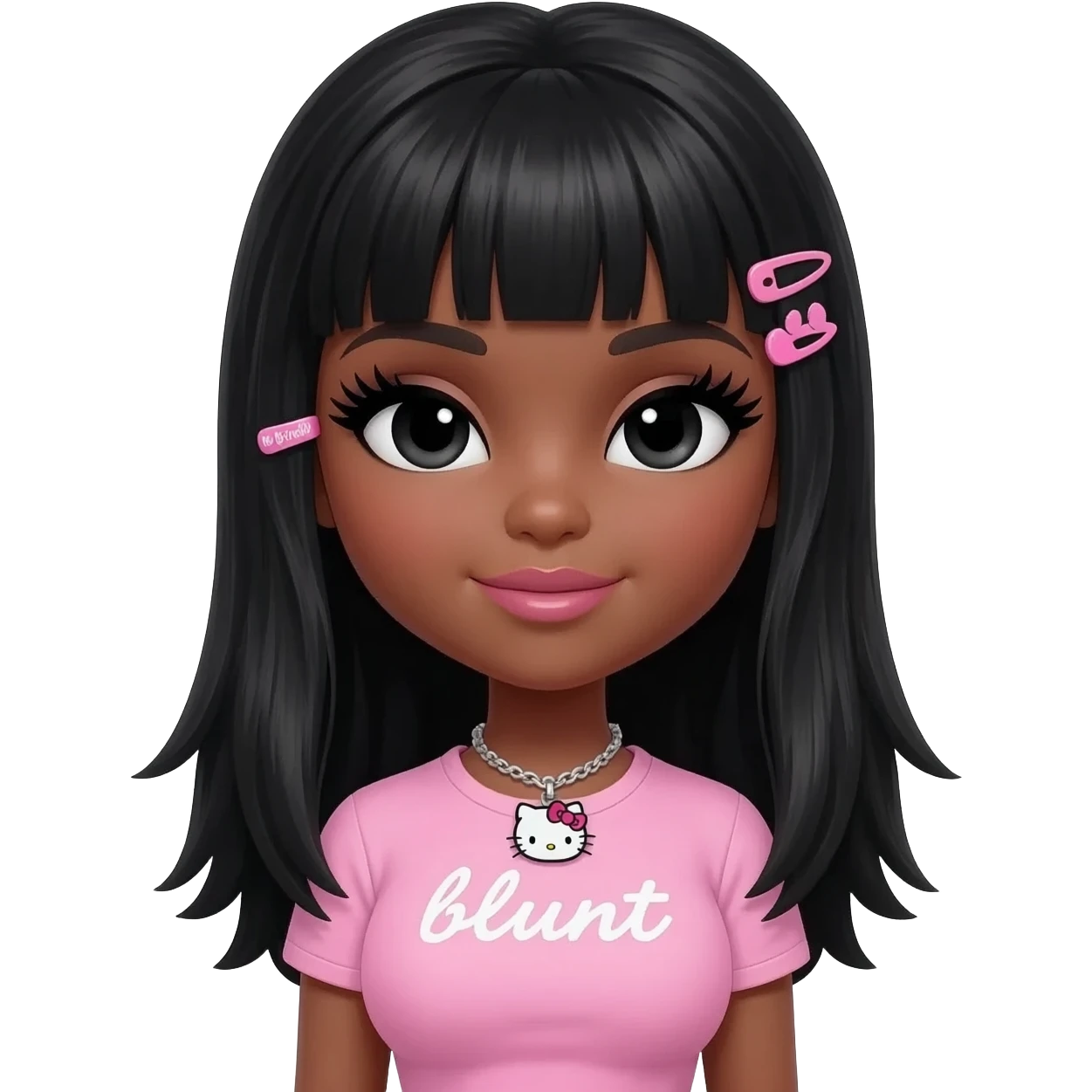 Long giant lashes, my melody hairclip, Doll faced shaped, hello kitty necklace, bimbo, black doll eyes, barbie, dark brown skin with black hair, light pink bimbo shirt says "blunt" , big breast emoji