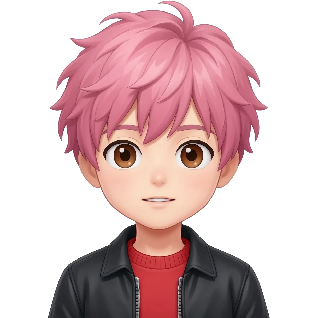 A Anime  boy teenager with and brown eyes messy  pink hair in where's a red sweater under a black jacket emoji