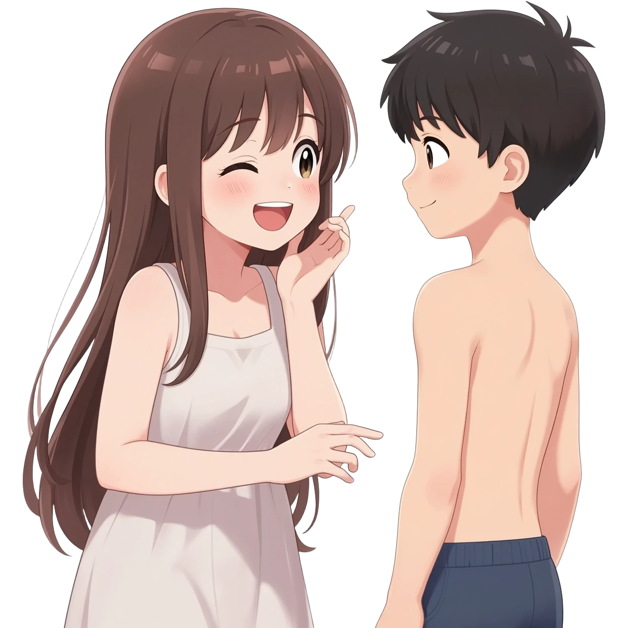Anime girl long hair giggling sees completely nude body of little boy emoji