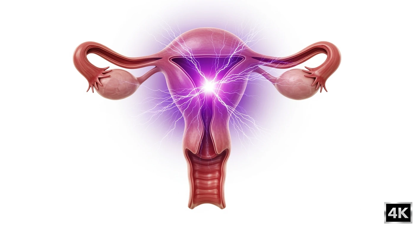 utero umano anatomico iperrealistico con fulmine di dolore sopra con questo colore: #971ef1, isolato su sfondo bianco, iperrealistico 4k emoji