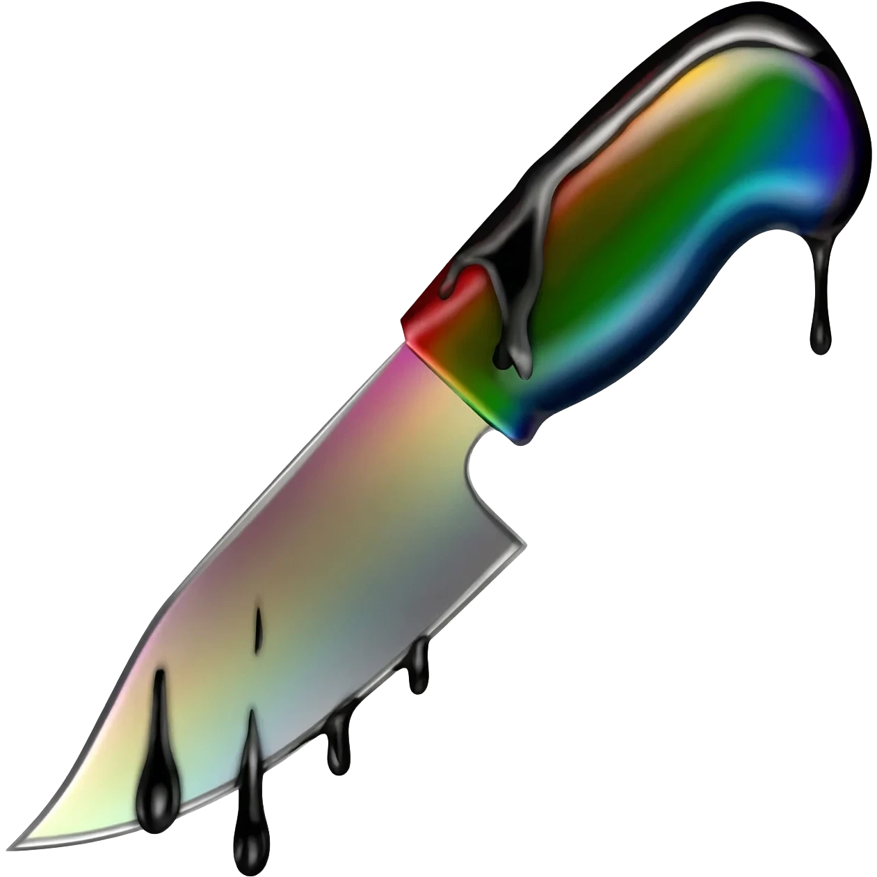 Rainbow knife with black and white blood dripping from the blade emoji