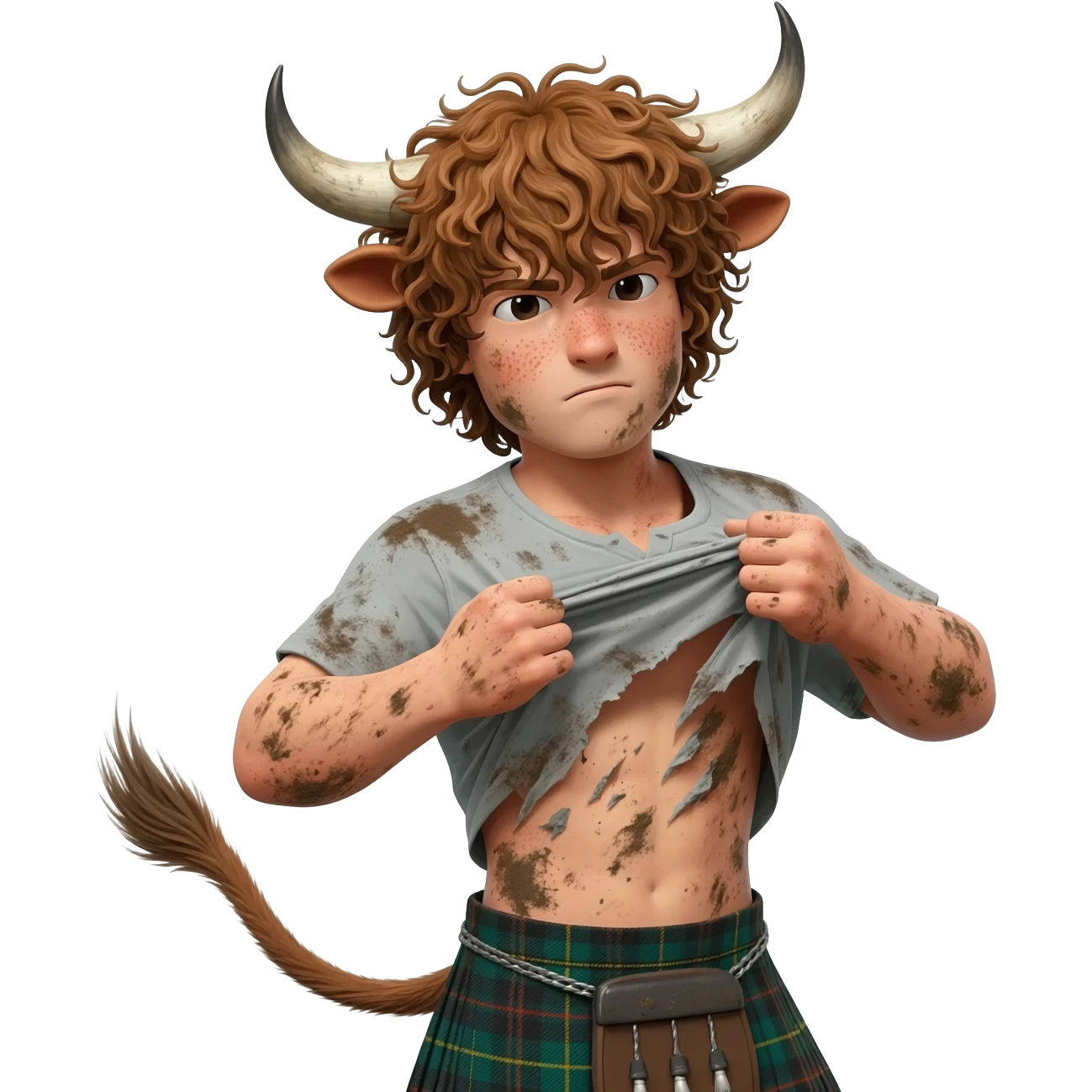 buff curly hairy man covered in dirt with freckles with messy light brown bangs that covers his face completely with bull horns and bull ears and bull tail dressed in kilt rips his T-shirt apart with wind in his hair emoji