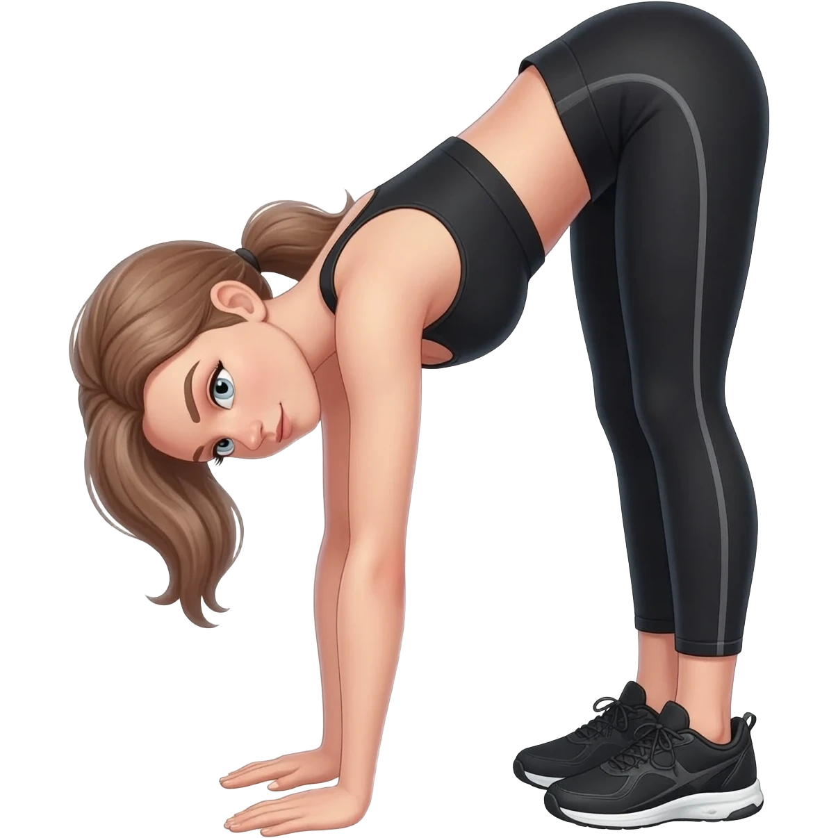 standing forward fold stretch, fair-skinned woman, light gray-blue eyes, ash brown brows, ash light brown hair tied back, slim athletic body, black workout set, black sneakers with white soles emoji