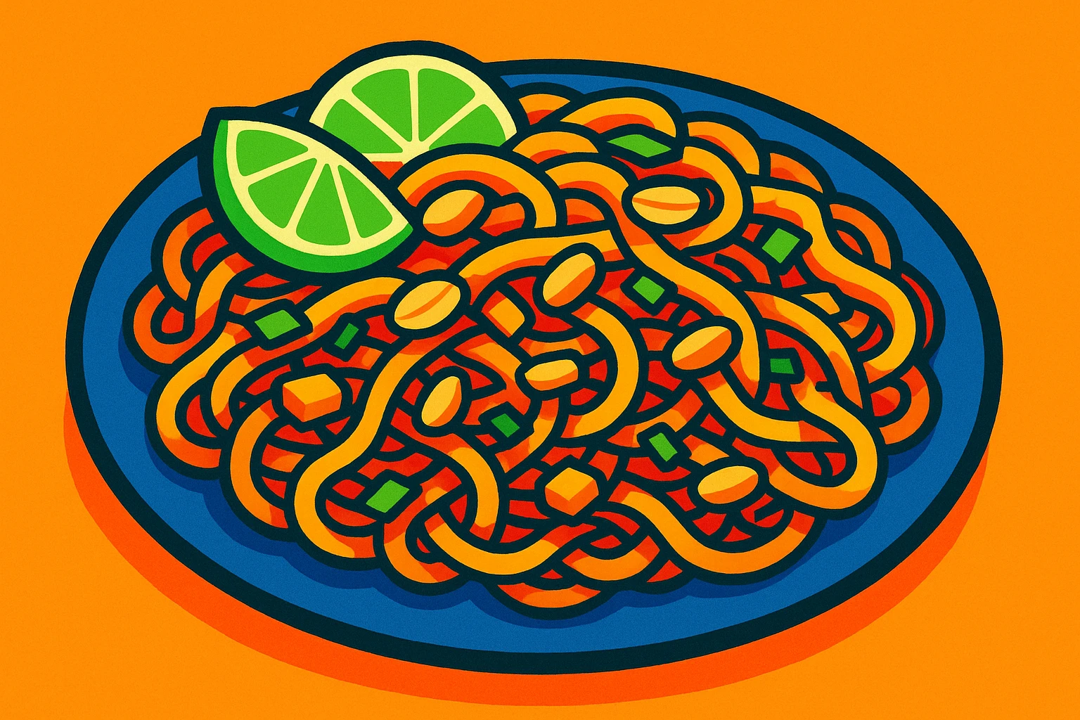 pad thai, vibrant, appetizing, noodles, lime, peanuts, stylized illustration emoji