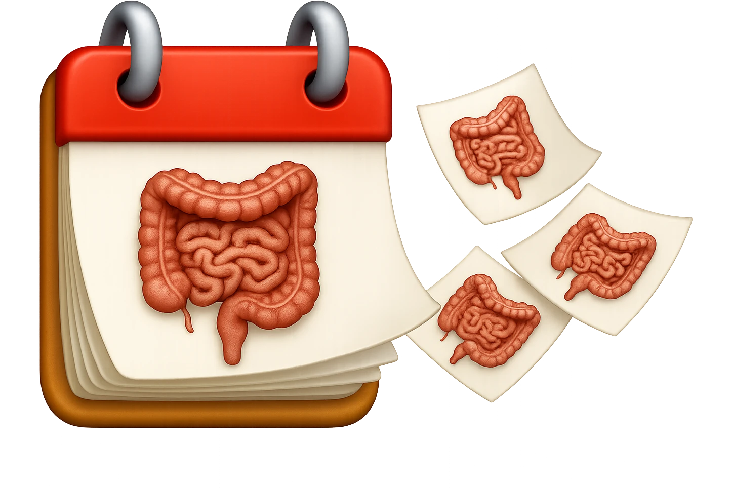 emoji stile iphone di un calendario con fogli che volano insieme, sui fogli ci sono disegnati degli intestini anatomici, iperrealistico 4k, isolato su sfondo bianco emoji