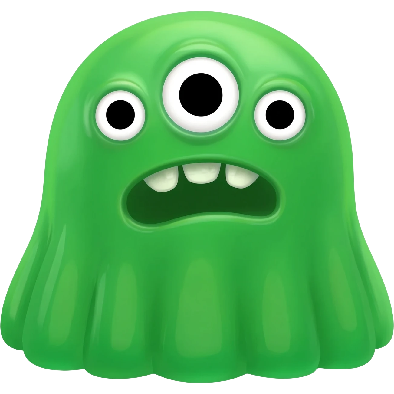 SQUIDGY jelly monster green with 3 eyes joined together, black pupils, white eyes together and open mouth with human teeth emoji