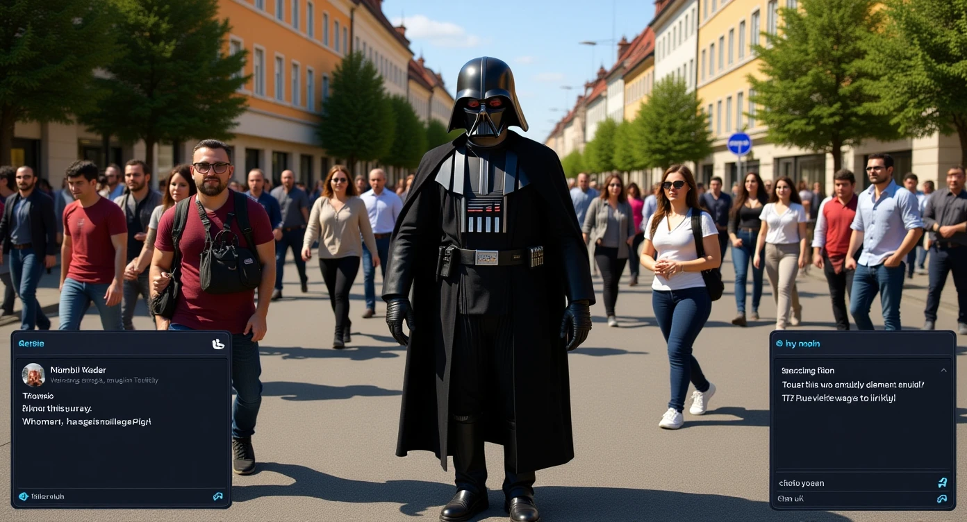 Ultra realistic, a lot of detail, 8k quality, Cinematic still of a darth vader walk through poznan city down town, sunny day, crowd of baby yoadas around him, he is live streaming on twitch, we can see twitch chat ui, selfie camera holding in hand front camera emoji