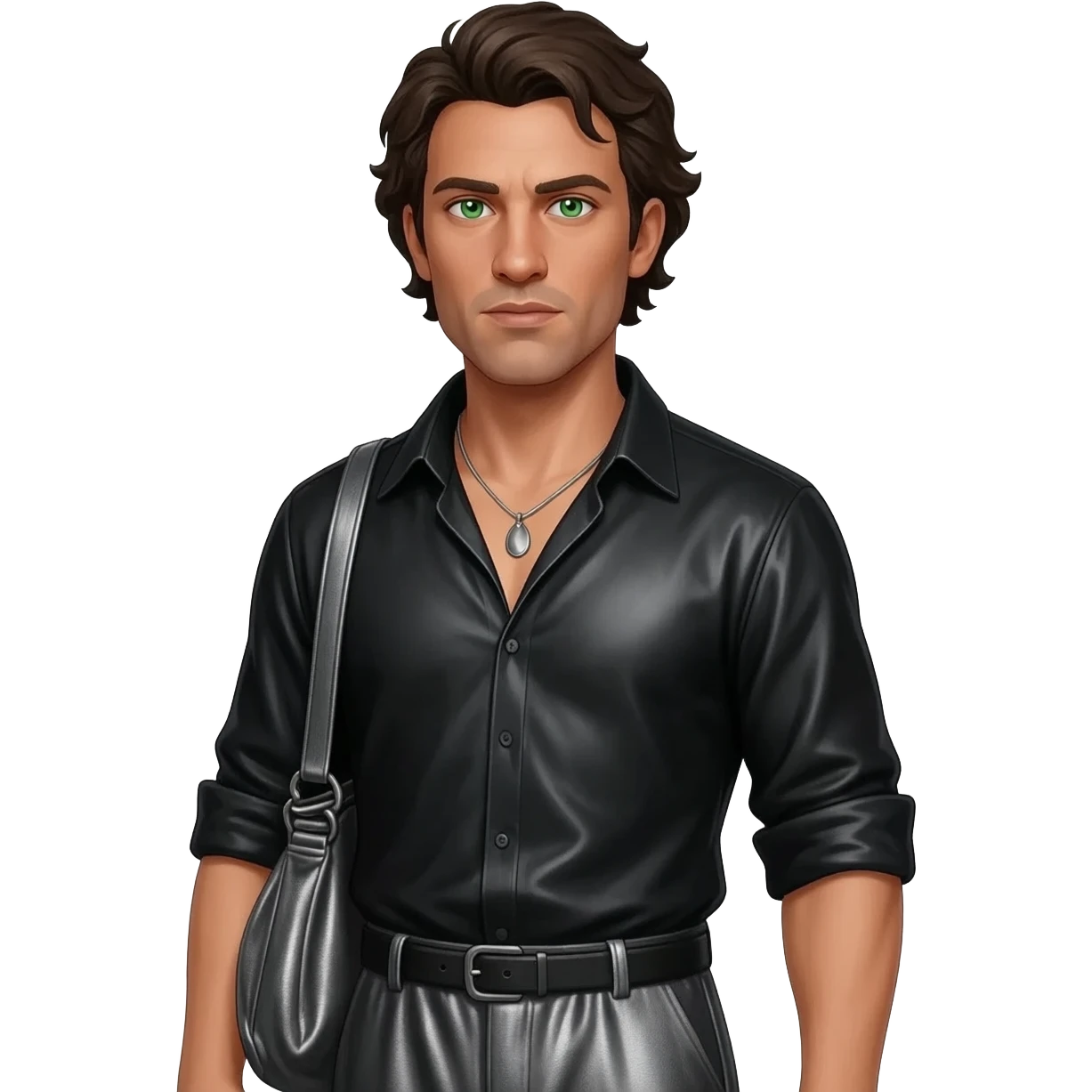 Iago from Othello with green eyes, dark brown hair, black metallic shirt, charcoal metallic baggy pants, silver necklace emoji