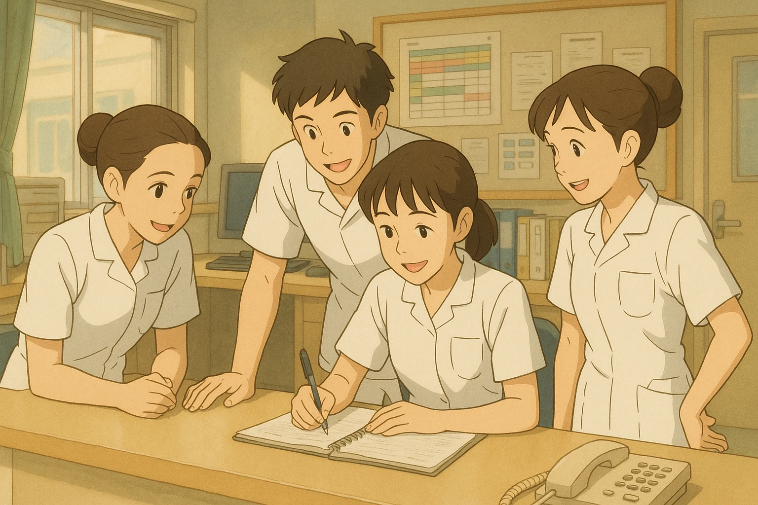 Four nursing students inspired by four new photos, collaborating and interacting warmly in a care station, team atmosphere, white short-sleeve medical tunics with V-neck and left chest pocket, no collar stand, no stethoscopes, nothing protruding from sleeves, style Ghibli emoji