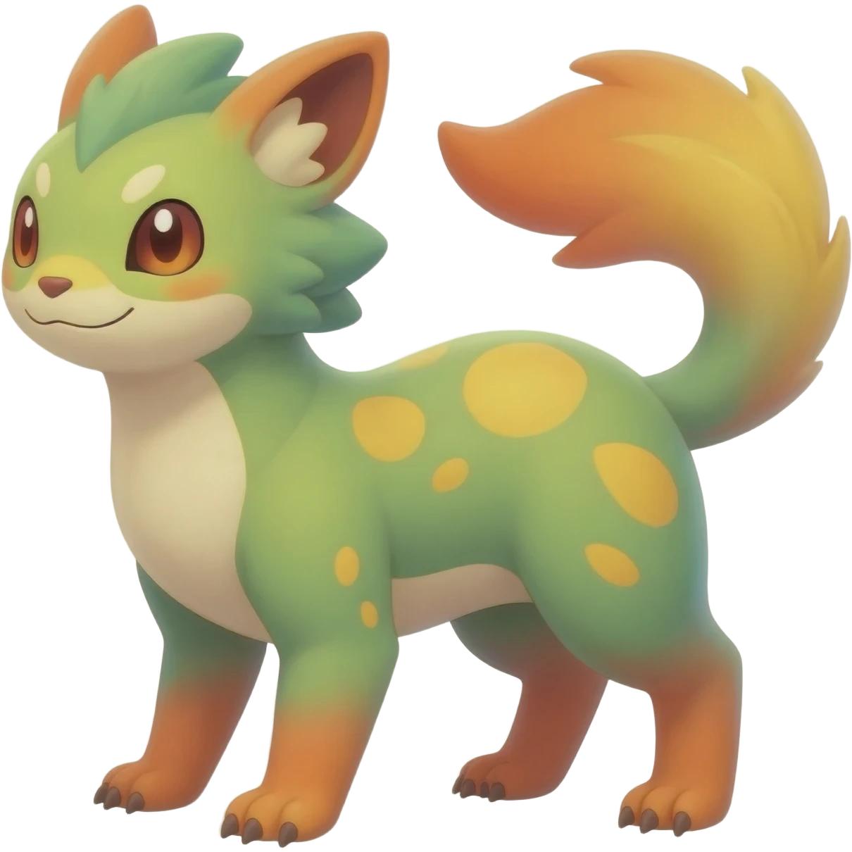 Rare realistic exotic warm-green warm-orange warm-yellows pastel gradients cute epic pretty beautiful handsome gorgeous aesthetic colorful vibrant Vernid-Trico-species-Fakemon-creature by LiLaiRa, 4 legs, 1 tail, random markings, (full body) emoji