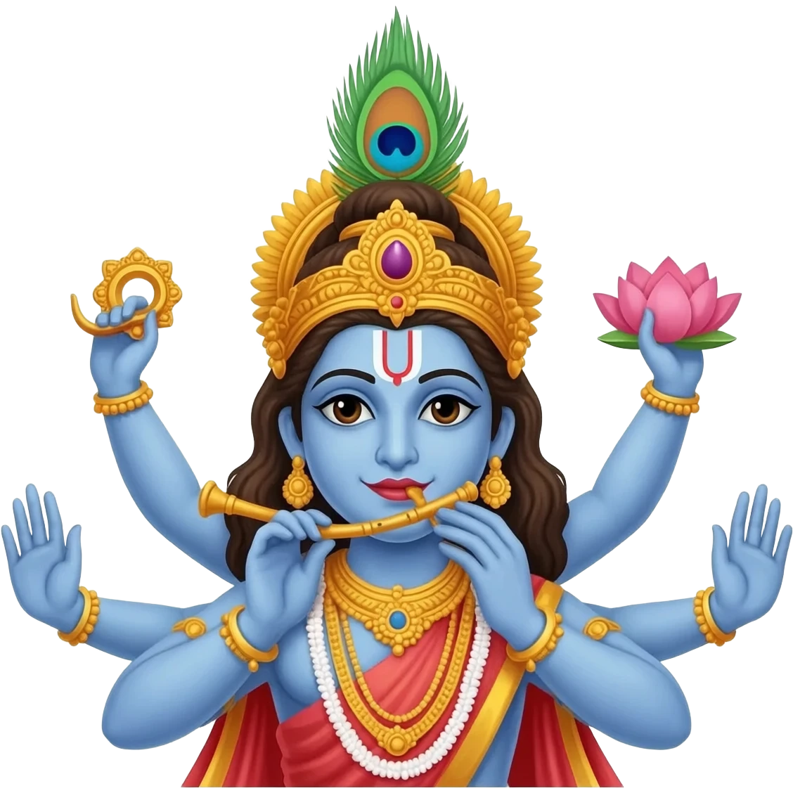 4 handed Lord Krishna is wearing mayur pankh , holding sudarshan chakra in right hand, left hand lotus and another two hand flute on mouth. emoji