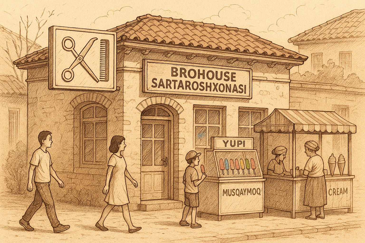 brohouse sartarosh xonasini chizib ber tashqaridan va uning yonida yupi va musqaymoq sotadigan lavkalar bulsin emoji