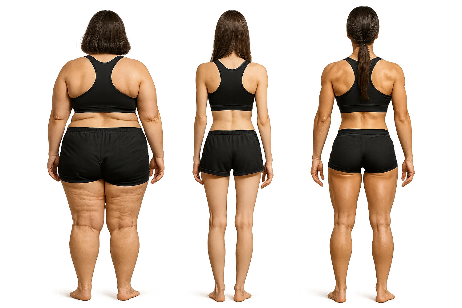 fai una donna di spalle in gym shorts leggermente sovrappeso e con cellulite e accanto una seconda donna di spalle magra (che è dimagrita post dieta) e accanto una terza donna in forma allenata e con le giuste proporzioni, l'immagine deve rappresentare il processo: da donna grassa, a donna piatta e magra, a donna allenata e in forma con i giusti muscoli, iperrealistico 4k emoji