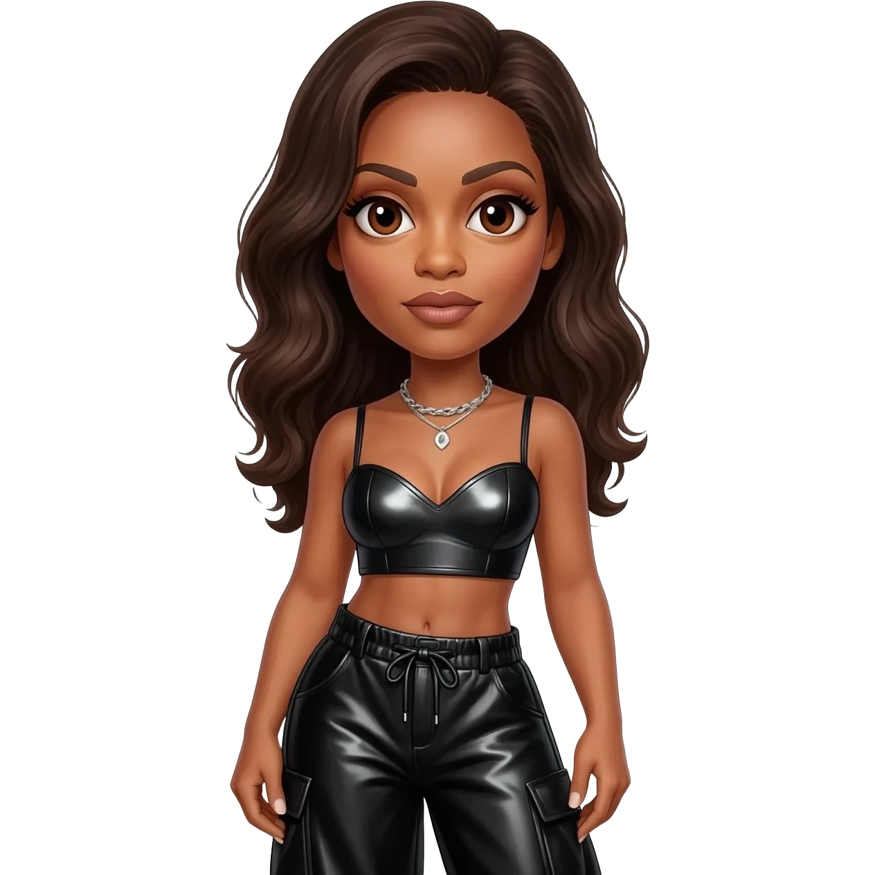 Janet Jackson with brown eyes, long dark brown hair, black metallic sweetheart crop top, black metallic baggy pants, silver necklace emoji