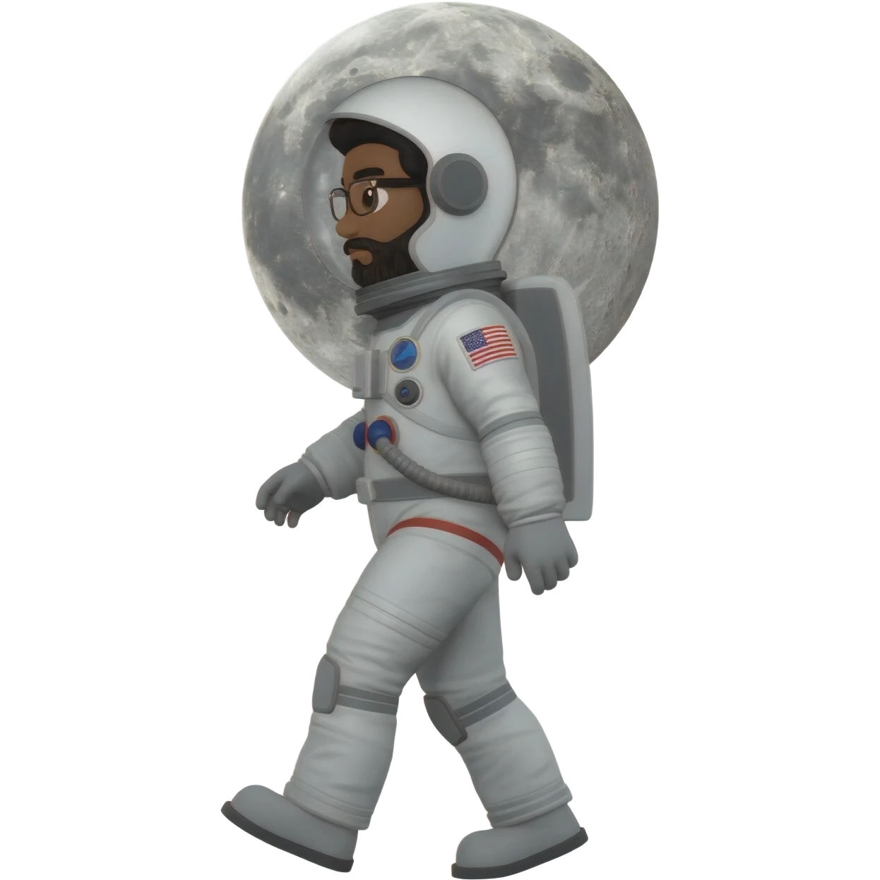 astronaut moon on back with helmet walking space brown skin, black eyes, glasses and beard  black hair show body emoji
