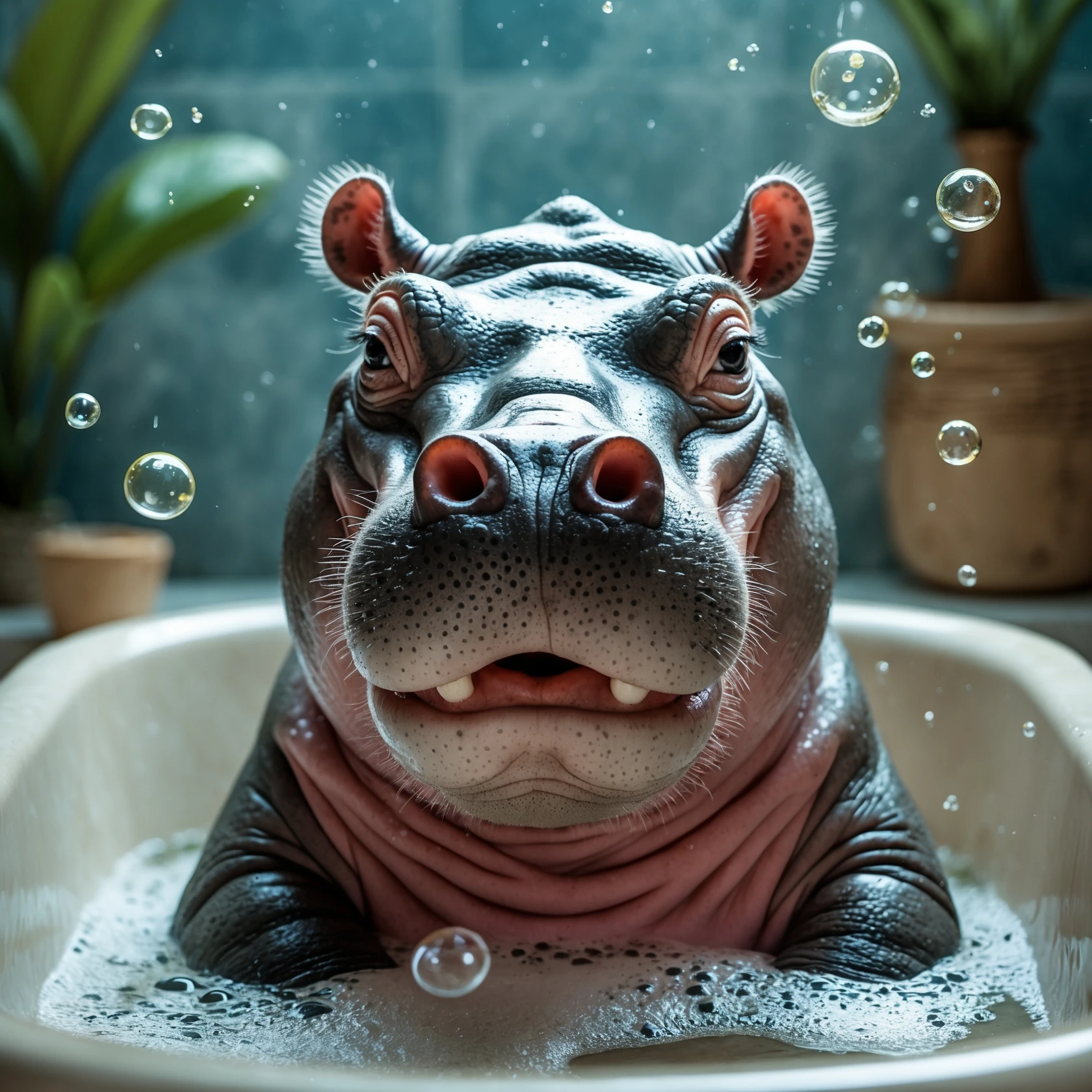 happy hippo with bubbles in bathtub emoji