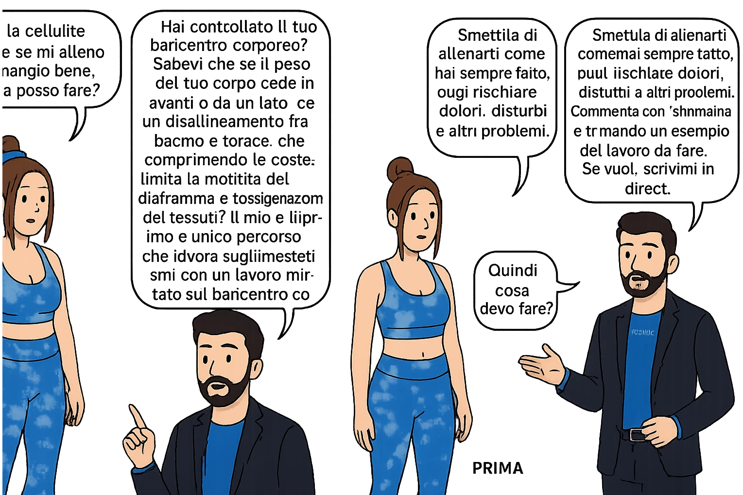 TRASFORMA QUESTO CAROSELLO IN UN FUMETTO CON QUESTE DUE PERSONE IDENTICHE CHE INTERLOQUISCONO TRA LORO:

Ho la cellulite anche se mi alleno e mangio bene, cosa posso fare?

Hai controllato il tuo baricentro corporeo?
Sapevi che se il peso del tuo corpo cade in avanti o da un lato, c’è un disallineamento fra bacino e torace, che comprimendo le coste, limita la motilità del diaframma e l’ossigenazione dei tessuti?
Il mio è il primo e unico percorso che lavora sugli inestetismi con un lavoro mirato sul baricentro corporeo.

Smettila di continuare ad allenarti come hai sempre fatto perché, oltre ad inestetismi visibili, corri un aumentato rischio di:
    • dolori e rigidità diffuse
    • disturbi pavimento pelvico
    • stanchezza cronica o insonnia
    • pancia gonfia e reflusso (bruciore)
    • etc…


Quindi cosa devo fare?
Commenta, qua sotto, con “simmetria” e ti mando un esempio del lavoro da fare. Lo stesso sistema con cui ho aiutato migliaia di persone, fra cui centinaia di donne a risolvere definitivamente gli inestetismi.
Metterei il prima e dopo

Se vuoi che ti aiuti personalmente
SCRIVIMI IN DIRECT emoji