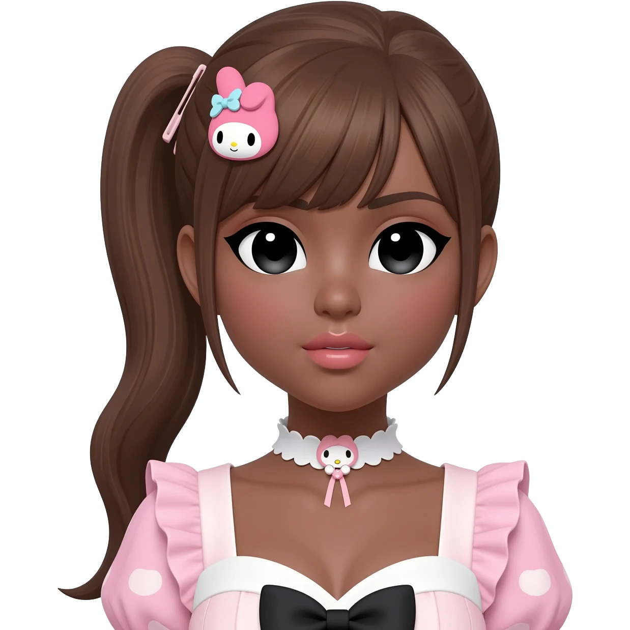 Gyaru makeup, my melody hairclip, cutecore, doll eyes, Doll, big chest, dark brown skin, with ponytail brown hair hair style, black cute eyes, cute lips with Gyaru outfit emoji