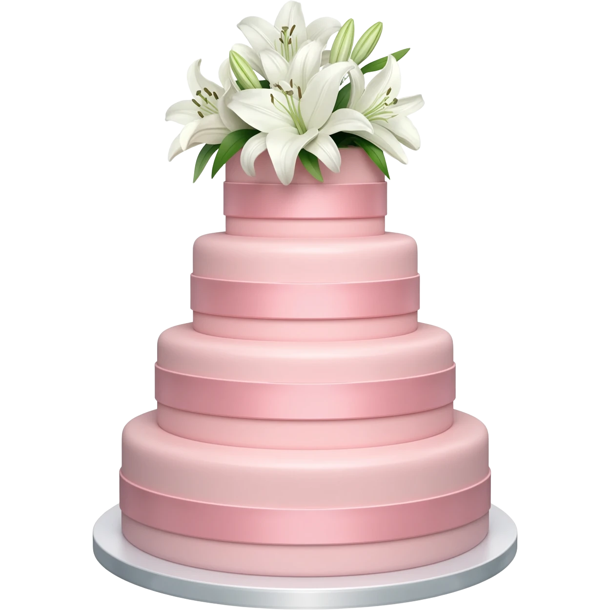 Pastel pink shaped wedding cake with and white lilies on top emoji