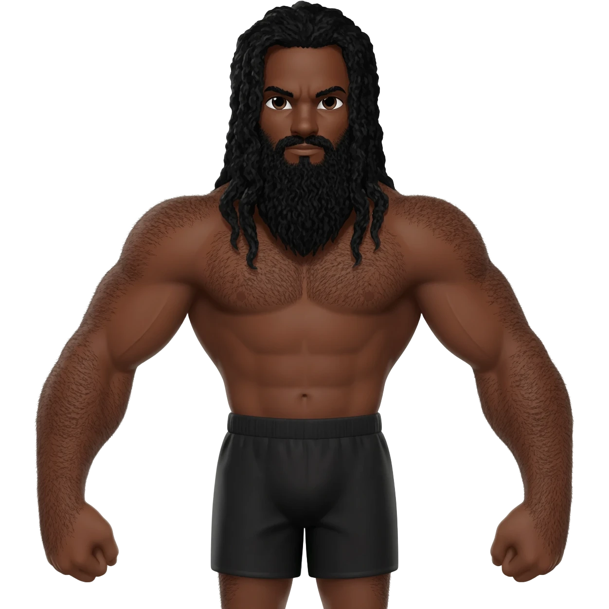 Superhero black male look superstrong black shorts very hairy long black beard and hair big arms no shirt full body size emoji