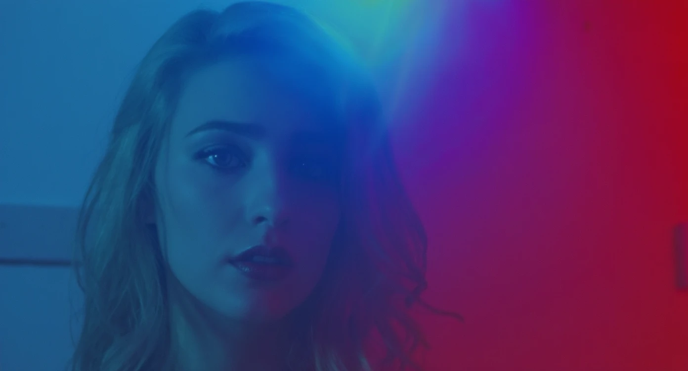 Cinematic scene, Closeup photo of woman face lit with a single ray of light, blue tone sorrounding, red/orange right ray emoji