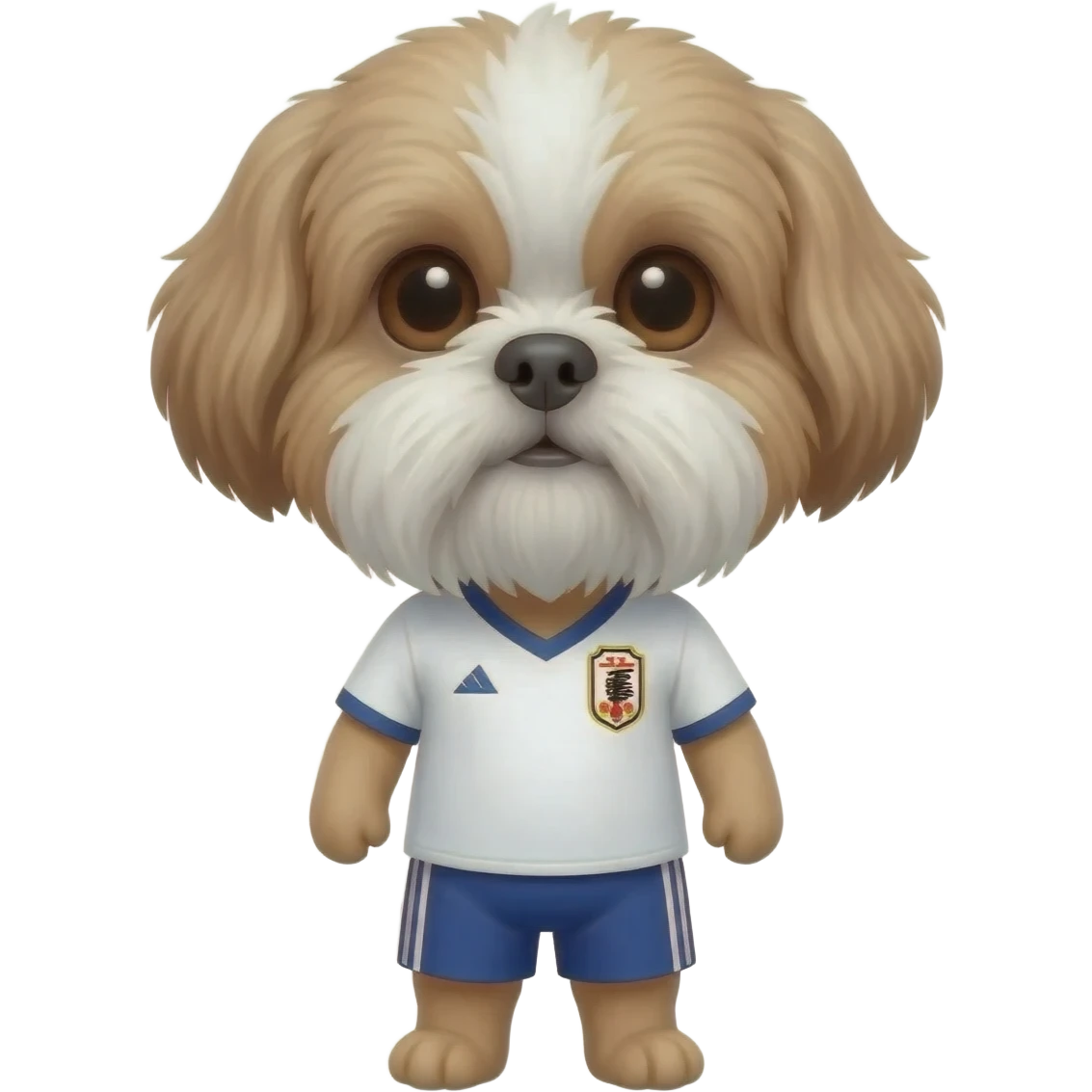 white and light brown shih zhu wearing a Japan white soccer jersey v neck 2026 work cup emoji