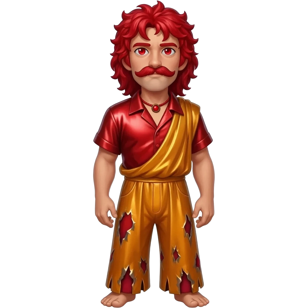 Hephaestus  from Greek Mythology with red eyes, red hair, red metallic shirt, burnt orange metallic baggy pants, red necklace emoji