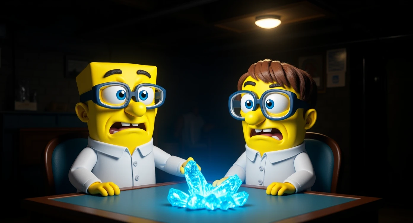 3D cienmatic cartoon shot, spongebob and patric dress in safety glasses and safe white outfit, the are standing front of table with blue crystals on table glowing (light source) science room in basement, back light, Cinema 4d render, proffesional lightning emoji