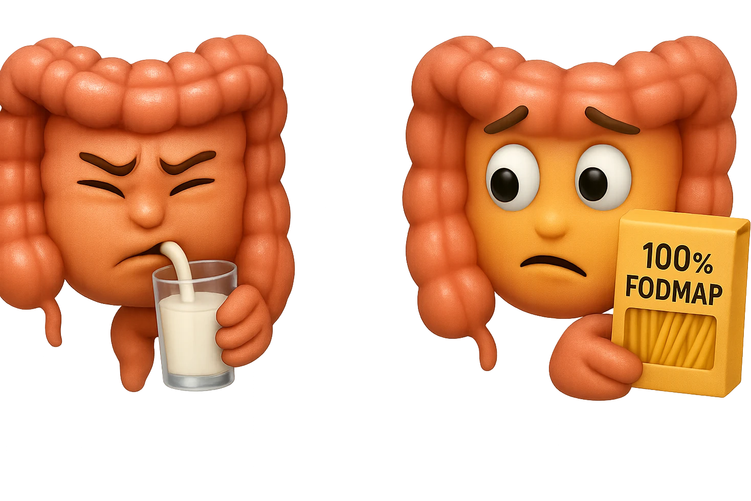 emoji stile iphone di un intestino che beve latte e ha un espressione di dolore e un intestino che guarda un pacco di pasta con la scritta "100% FODMAP" SULL'ETICHETTA CON ESPRESSIONE CONFUSA, iperrealistico 4k, isolato su sfondo bianco emoji