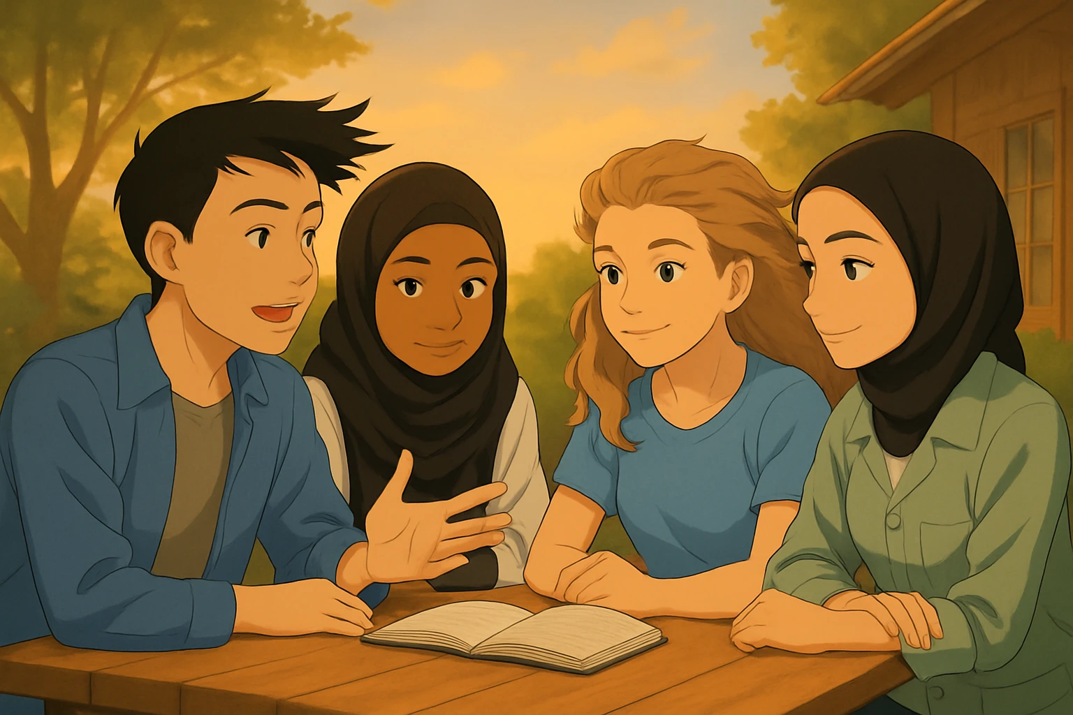 Continuation of the scene: The boy (blue shirt) is speaking, the wind blows stronger, hair and book are animated with more movement. Faces remain identical to the original image. emoji