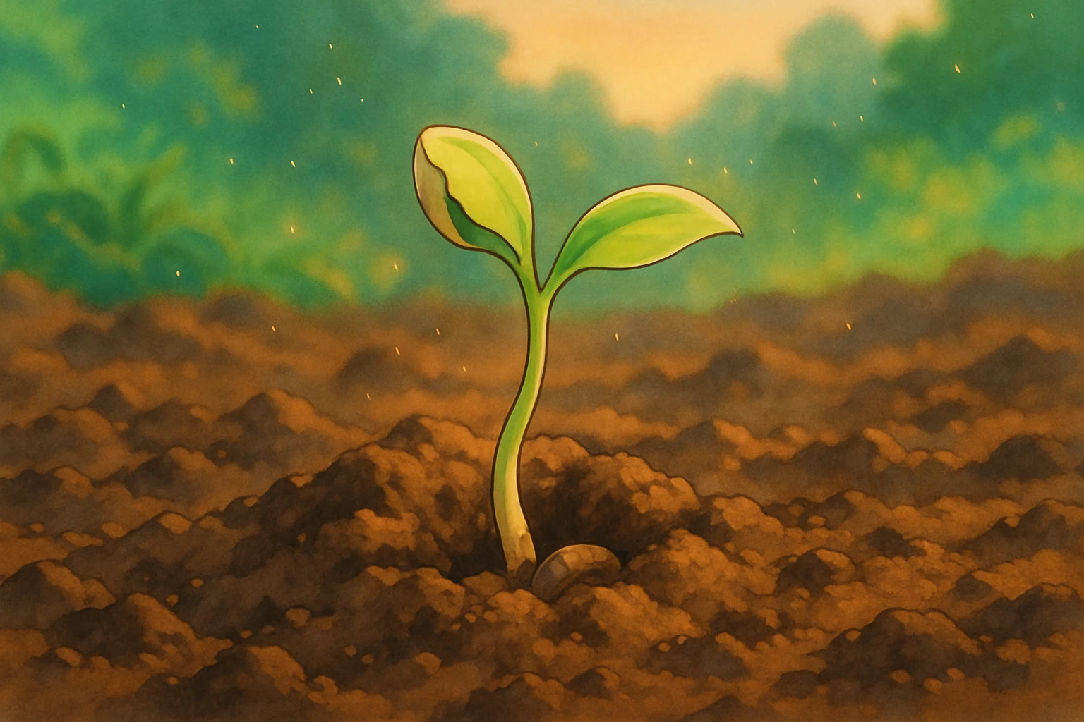 a sprouting seed breaking through soil, representing creation, ghibli style emoji