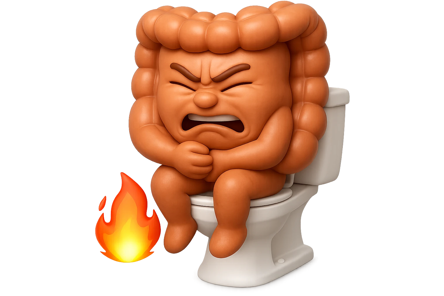 SU QUESTO STILE FAI UN EMOJI STILE IPHONE 3D DI UN INTESTINO CHE sta seduto sul wc e dal wc in mezzo alle sue gambe esce una fiamma stile emoji iphone, FAGLI UN ESPRESSIONE di dolore mentre si sforza E FALLO MOLTO REALISTICO IN 3D emoji
