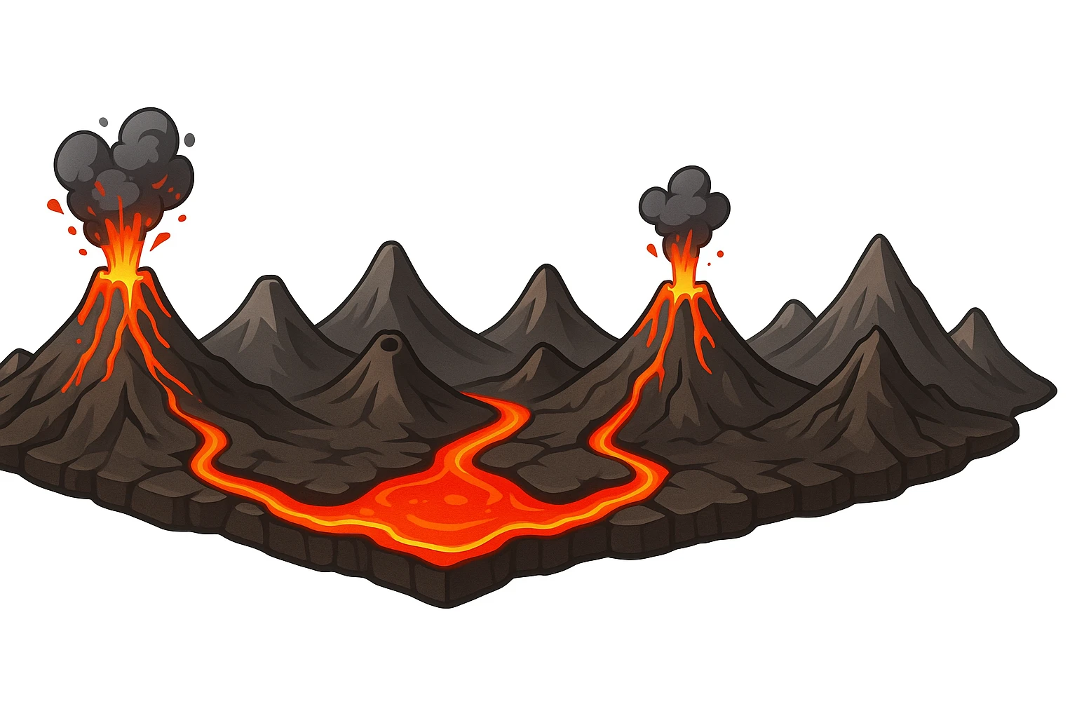 A stylized illustrated volcanic arc strip: a long chain of mountains with several erupting and dormant volcanoes, connected by glowing lava seams like a crack. The lava is vivid red-orange, slightly molten and glossy. The ridge feels like a map overlay symbol for plate boundaries and active volcanism. Clean cartoon-realistic style, smooth shading, sharp silhouette. No text, no labels. Pure white background (#FFFFFF). Wide banner composition, high resolution, 4K. emoji