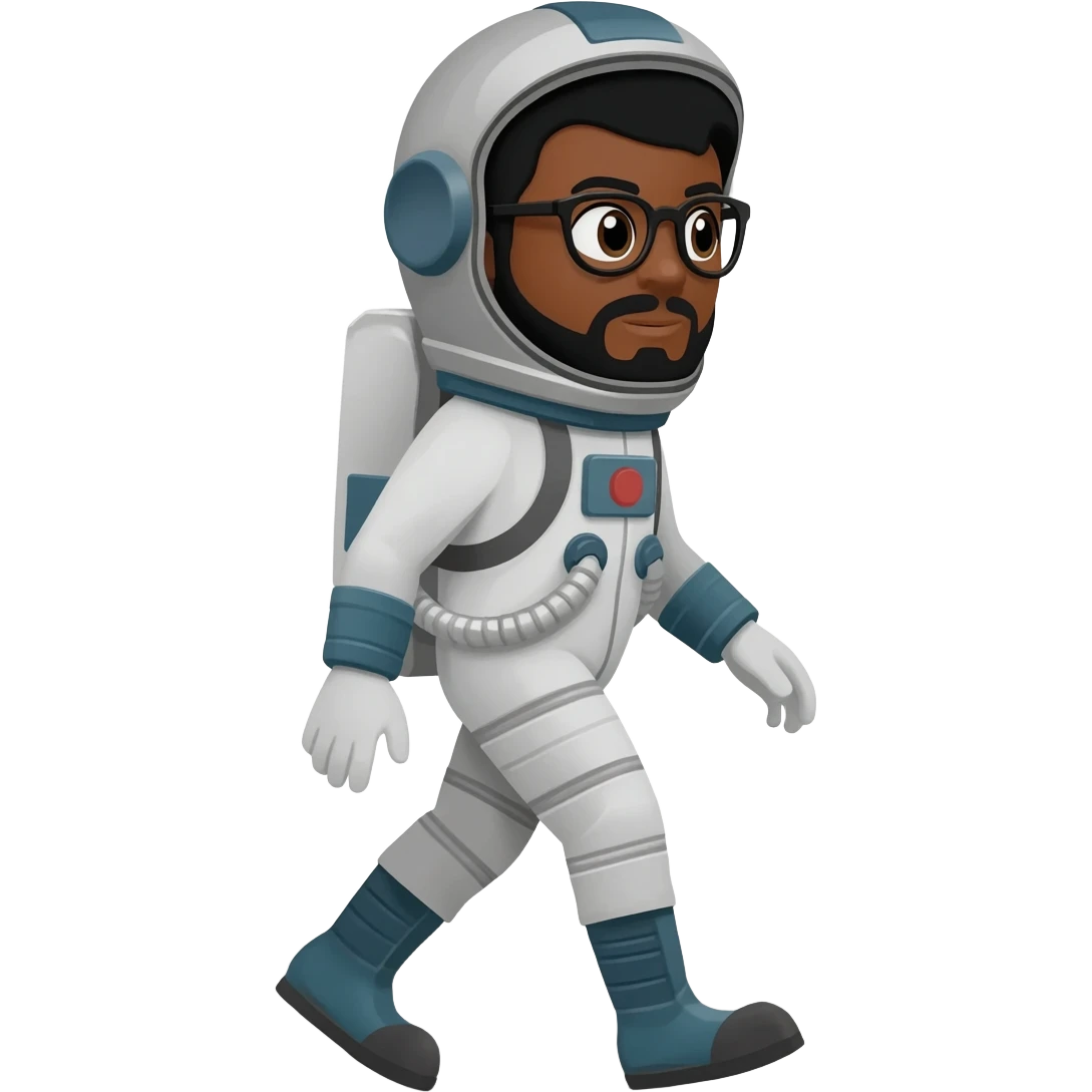 astronaut moon on back with helmet walking space brown skin, black eyes, glasses and beard  black hair show body emoji