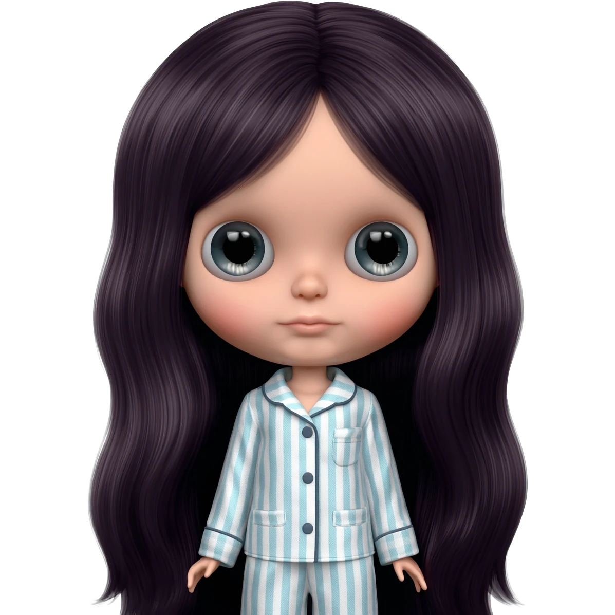 Make me an emoji that is wearing pajamas maker her a Blythe doll type emojiMake her hair longer Make her hair darker emoji