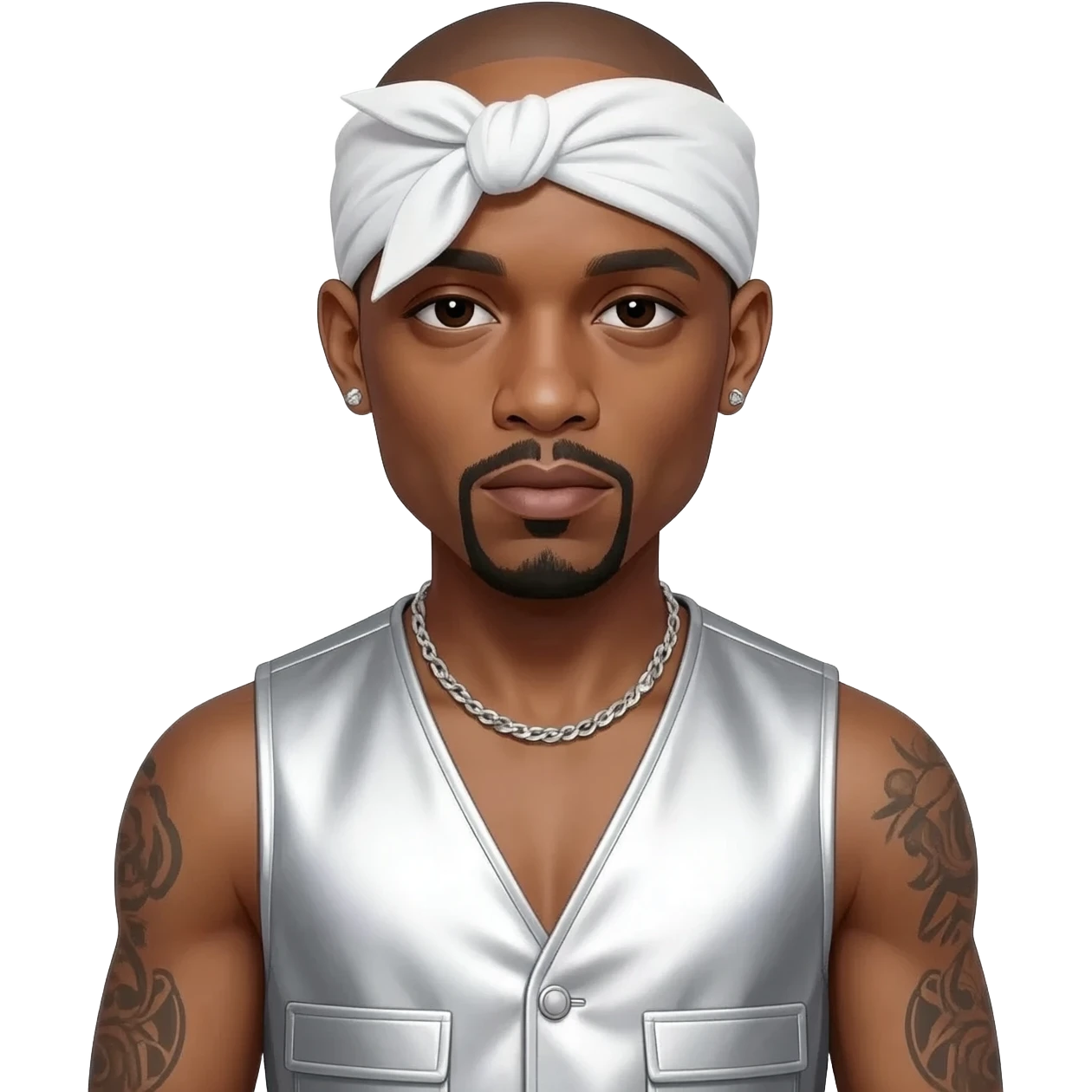 Tupac Shakur with bald head, white headscarf, silver metallic open vest, silver metallic wide leg pants, silver necklace and short earrings emoji