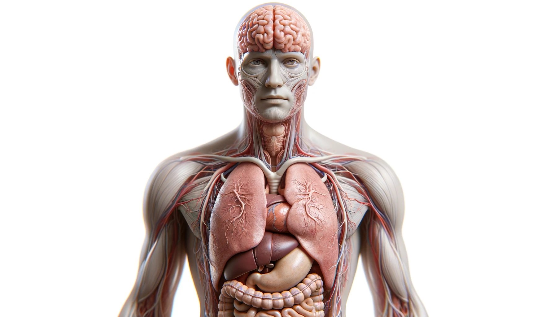 corpo umano anatomico con cervello, intestino e stomaco in evidenza, espressione neutra in volto, posa frontale, iperrealistico 4k, isolato su sfondo bianco emoji