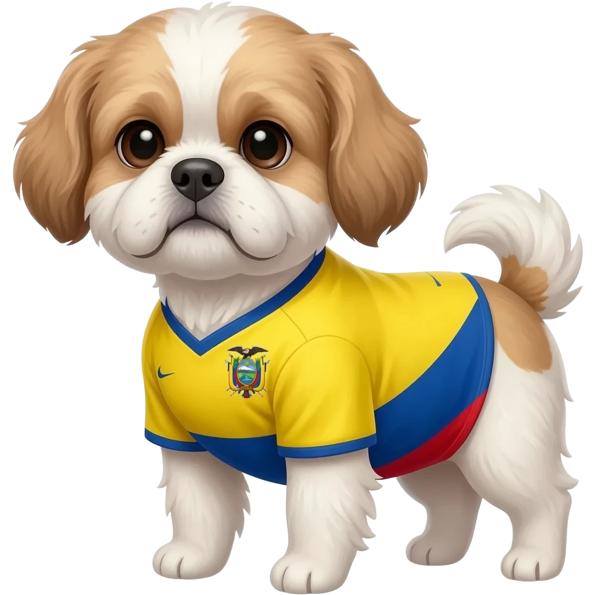 white and light brown shih zhu wearing a Ecuador soccer jersey v neck 2026 work cup emoji