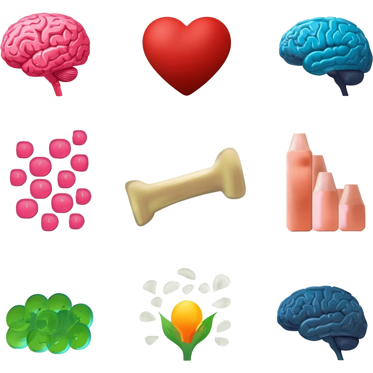 brain support
heart support
immune support
bone strength
hormone balance female
hormone balance male
Anti candida
low sugar/no sugar 
vitamins (write Vit  A, B1, B2, B3, B6, B7, B12, FOLATE AND FOLIC ACID, C, D, E AND K )  
Iron
Magnesium 
no yeast 
Anti inflammation emoji