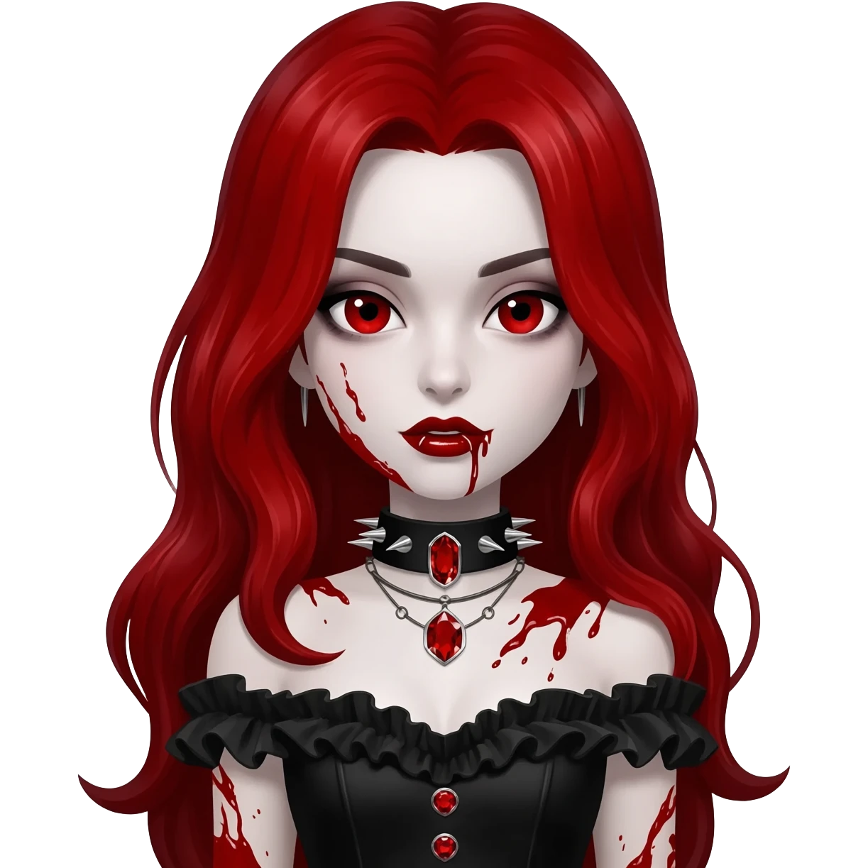 Shiny beautiful cute cool gorgeous attractive gothic vampiric lady with bloody hair, bloody lips, bloody face, blood-choker, spiked collar, frills, black dress, red rubies  emoji