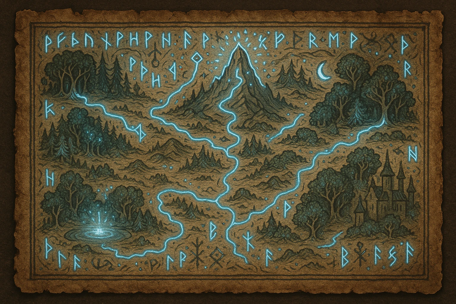 a magic map, ancient parchment with runes, detailed illustration emoji