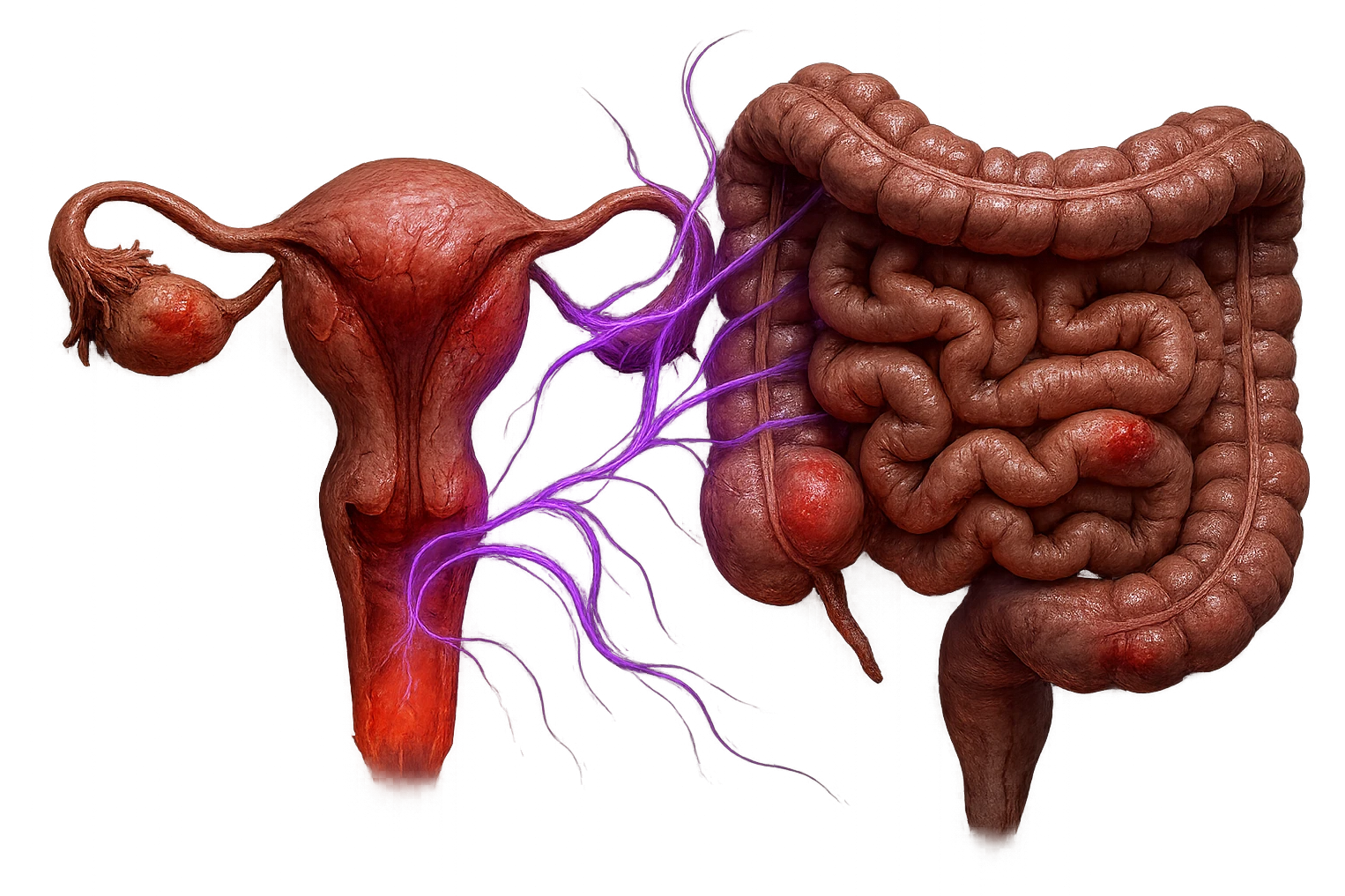 utero umano anatomico iperrealistico e intestino umano anatomico iperrealistico hanno in comune il dolore e l'infiammazione, rendi bene il collegamento tra i due organi doloranti, falla iperrealistica, non disegnata, fai colori che si adattano a questo viola #971ef1 emoji