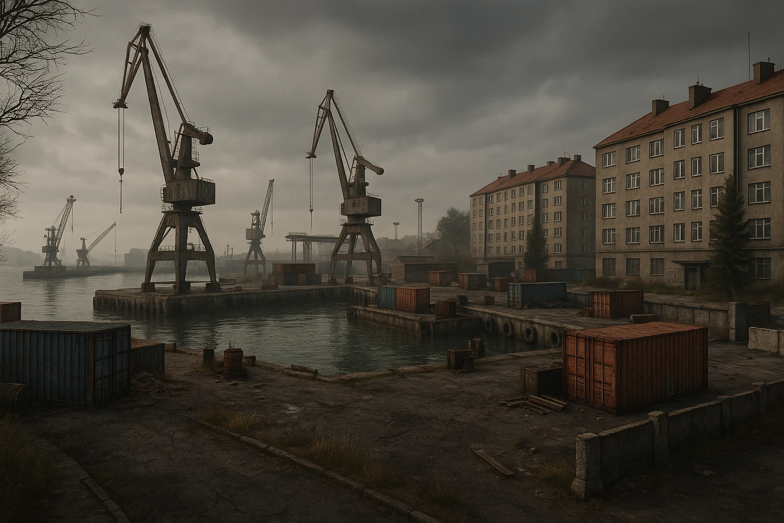 a screenshot of the game DayZ videogame, the harbor in a Scandinavian port town, industrial harbor at apartment blocks emoji