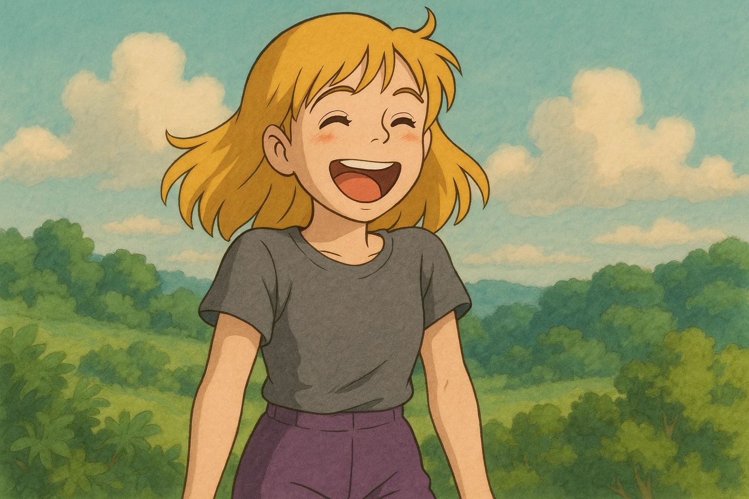 A girl yellow hair brown eyes grey Women's just t's short triblend t-shirt purple trousers laughing emoji