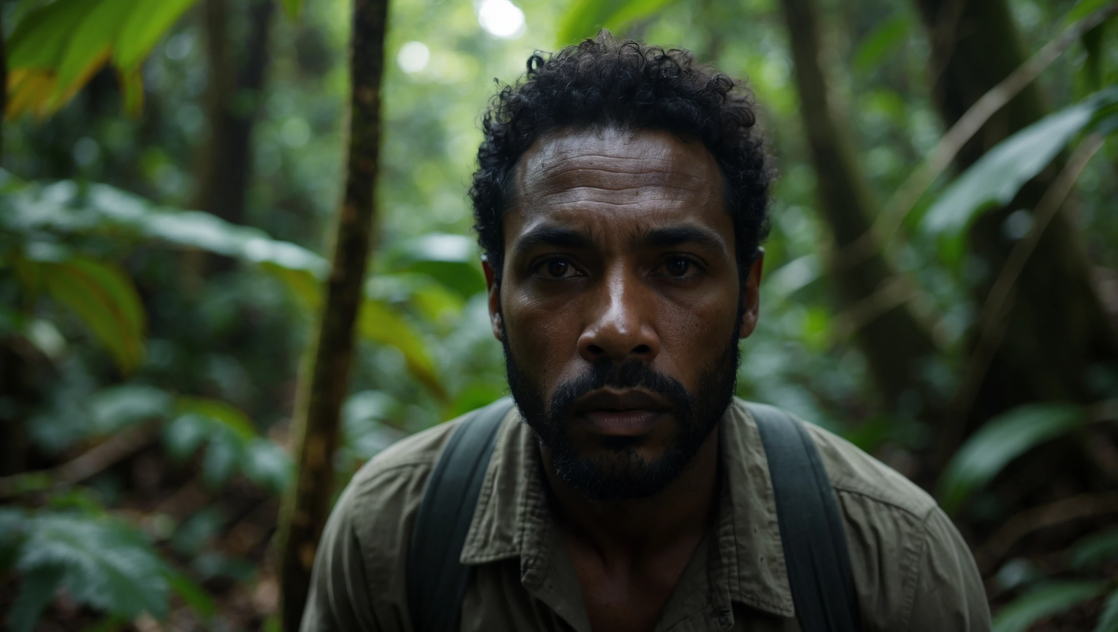 cinematic still, documentary photography, amazon jungle, well lit scene, man is exploring the jungle, close up, front shot emoji